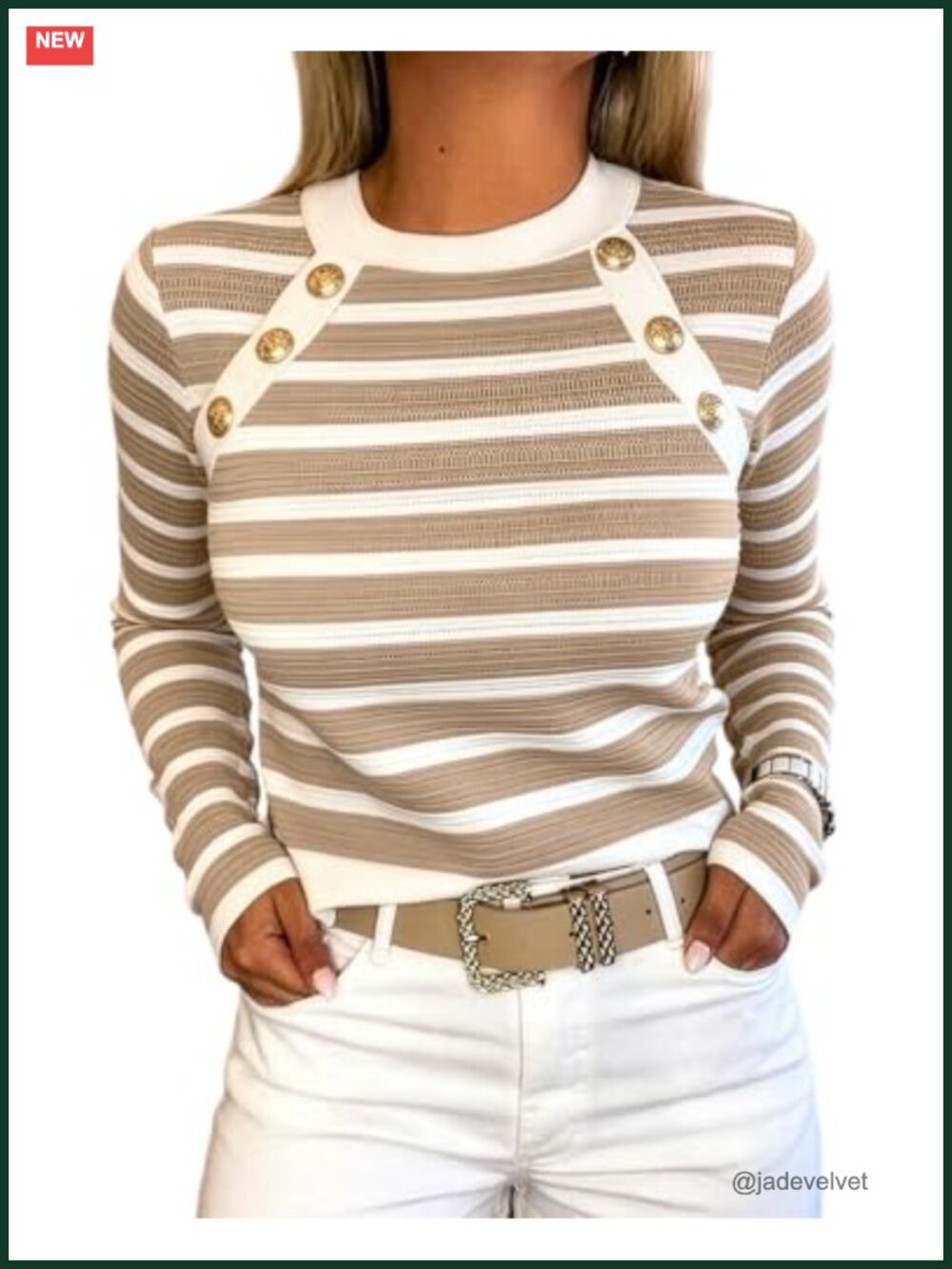 French Stripe Sweater for Women Crewneck Pullover Long Sleeve Gold Buttons